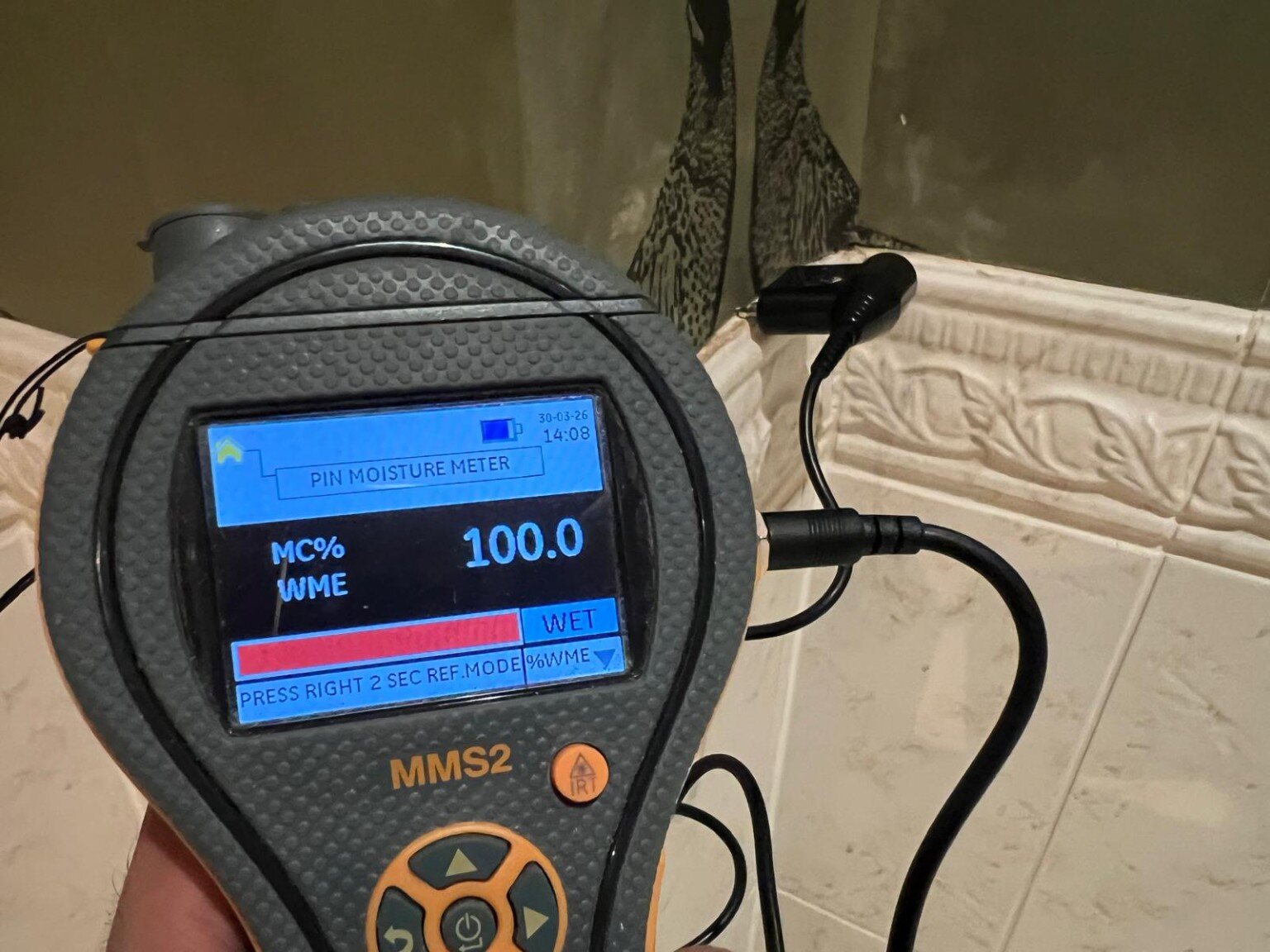 Moisture meter used during leak investigation